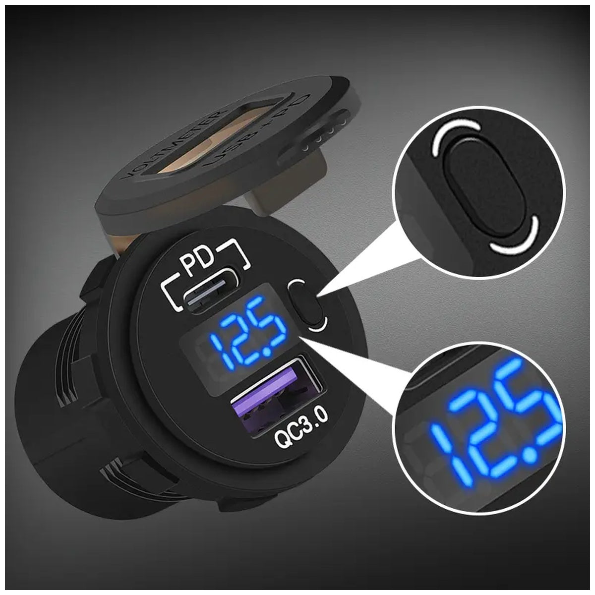 Exotronic - Voltmeter, USB-C & USB QC3.0 Flush Mount Socket