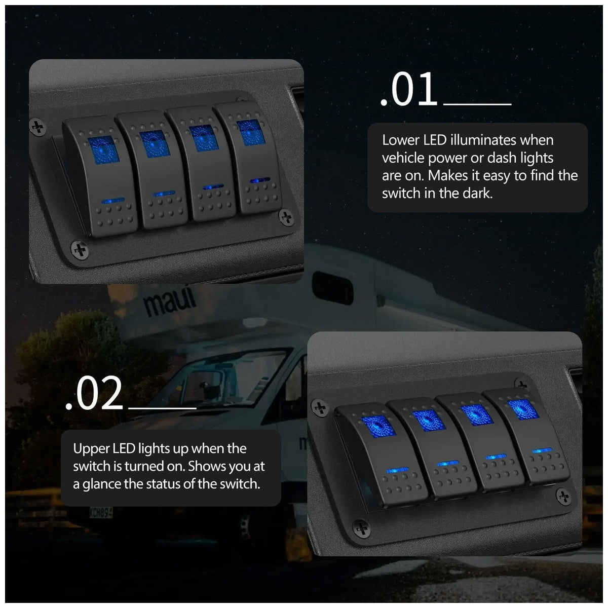 Exotronic - 12/24V - 4x LED Rocker Marine Switch Panel