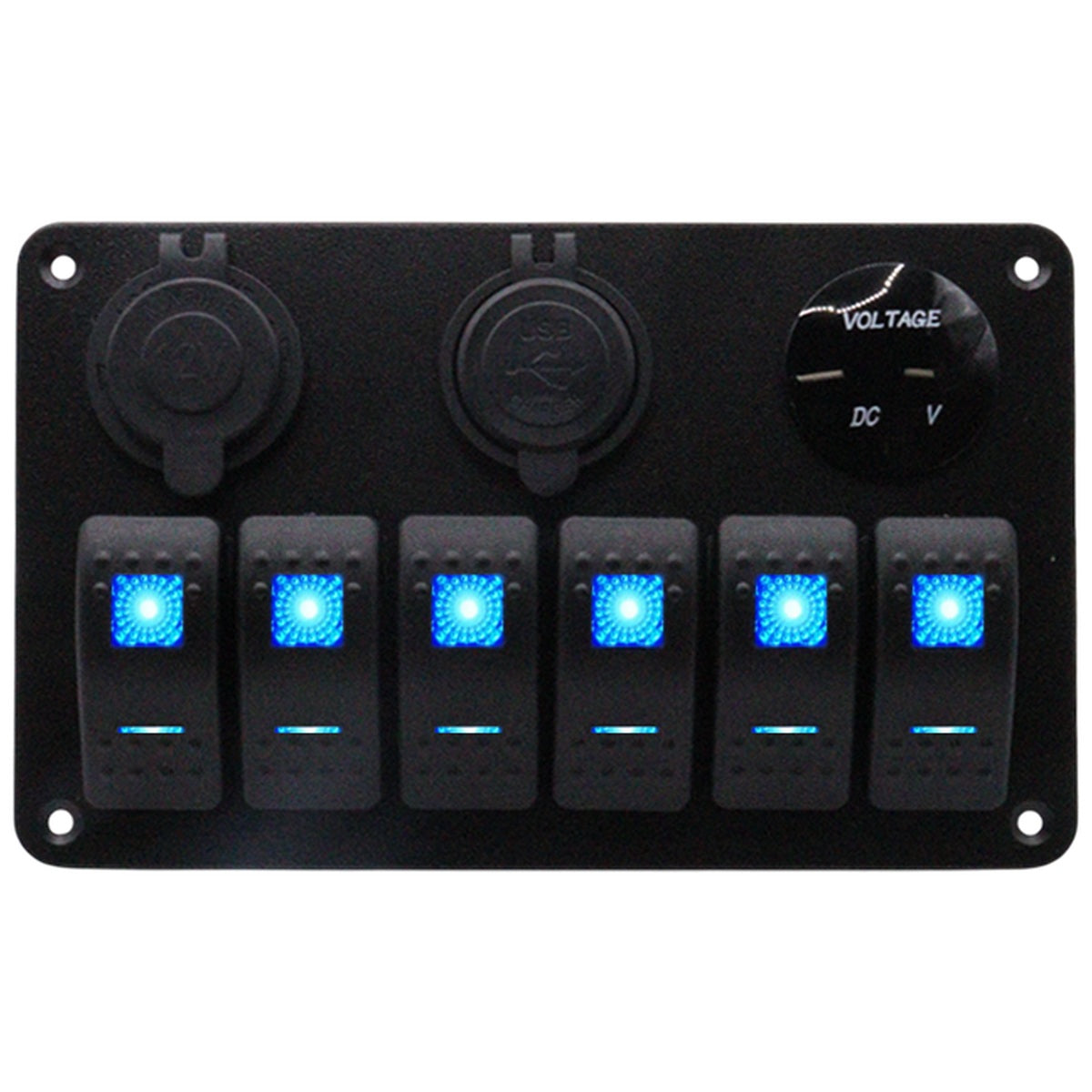 Exotronic - 12/24V - 6x LED Rocker, Voltmeter, Cigarette Lighter, Dual USB Socket Marine Switch Panel