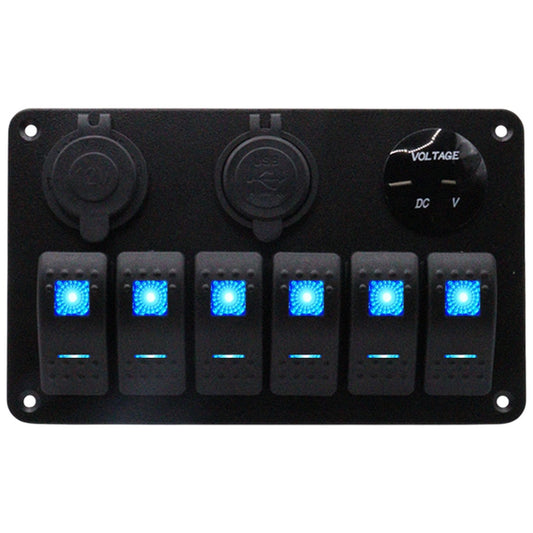 Exotronic - 12/24V - 6x LED Rocker, Voltmeter, Cigarette Lighter, Dual USB Socket Marine Switch Panel
