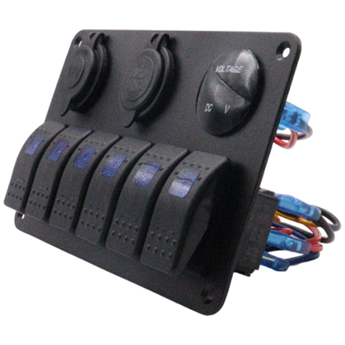 Exotronic - 12/24V - 6x LED Rocker, Voltmeter, Cigarette Lighter, Dual USB Socket Marine Switch Panel