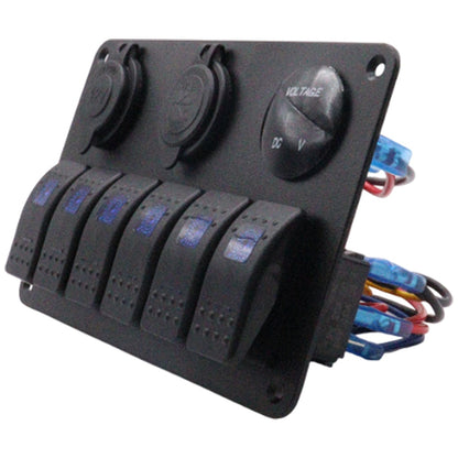 Exotronic - 12/24V - 6x LED Rocker, Voltmeter, Cigarette Lighter, Dual USB Socket Marine Switch Panel