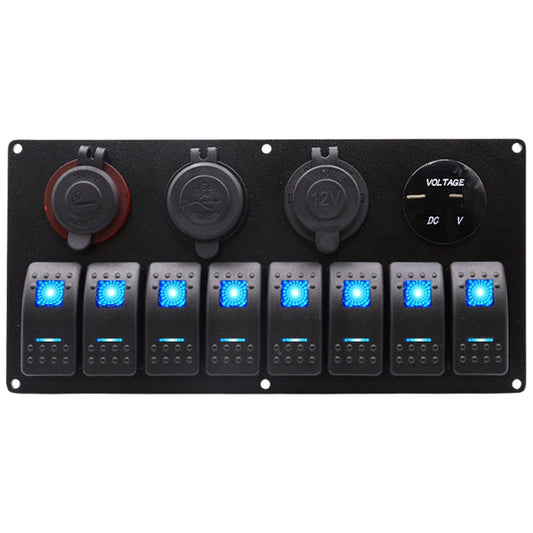 Exotronic - 12/24V - 8x LED Rocker, Voltmeter, Dual Cigarette Lighter, Dual USB Socket Marine Switch Panel