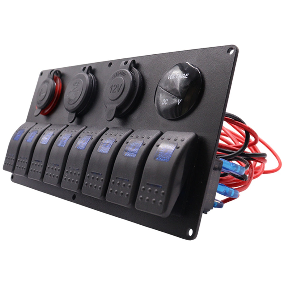Exotronic - 12/24V - 8x LED Rocker, Voltmeter, Dual Cigarette Lighter, Dual USB Socket Marine Switch Panel