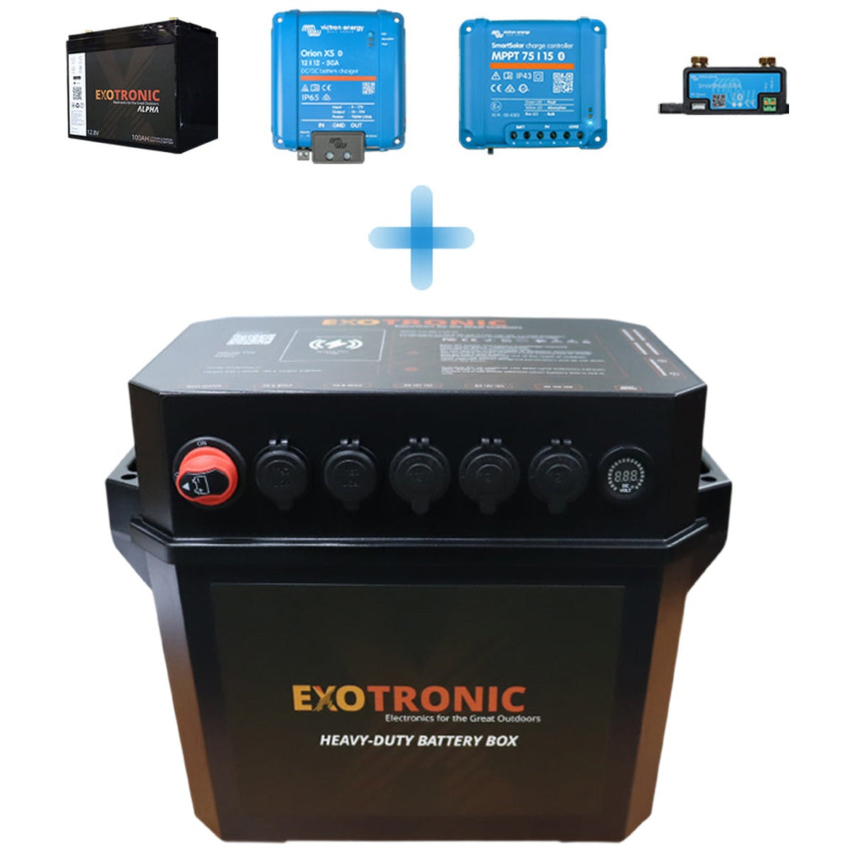 Exotronic/Victron - 12V - 100AH - Lithium Battery - SmartSolar + DC/DC + SmartShunt - Pre-Wired Battery Box