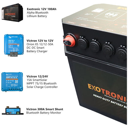 Exotronic/Victron - 12V - 180AH - Lithium Battery - SmartSolar + DC/DC + SmartShunt - Pre-Wired Battery Box