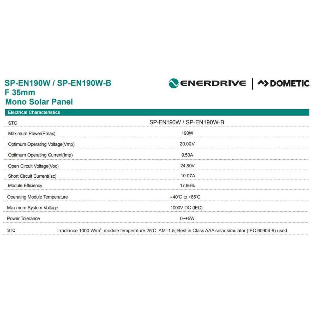 Enerdrive - 190W - Black Frame Monocrystalline Fixed Solar Panel