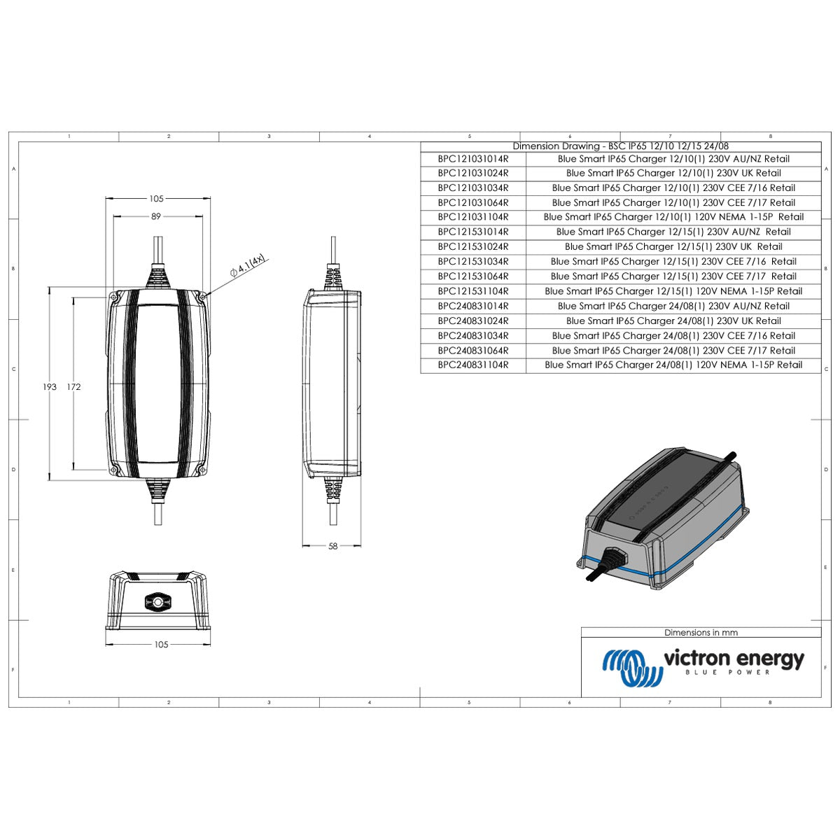 Victron Energy - 24V - BlueSmart - 24/8A - BlueSmart - IP65 - Battery Charger