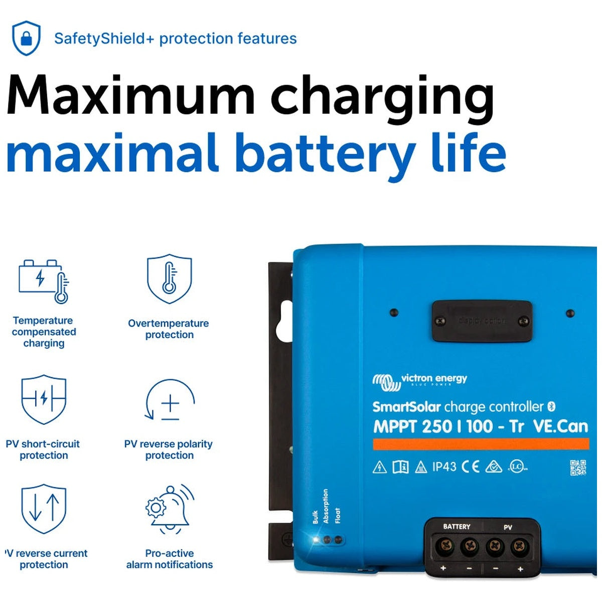 Victron Energy - 12/24/48V - 100A - SmartSolar 250/100-Tr VE.CAN - Bluetooth - MPPT Solar Charge Controller