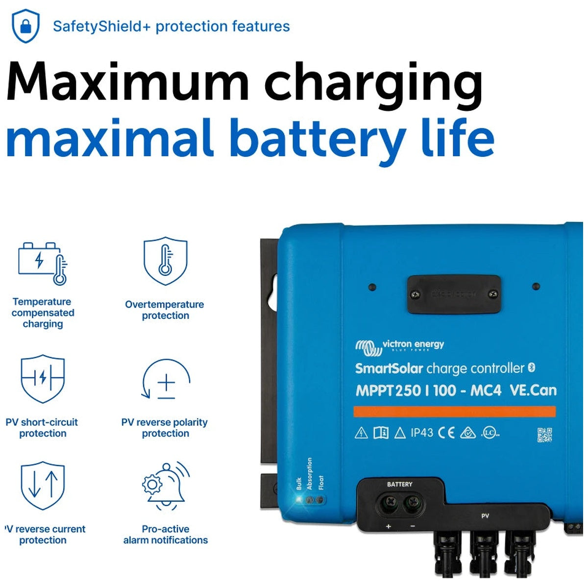 Victron Energy - 12/24/48V - 100A - SmartSolar 250/100-MC4 VE.CAN - Bluetooth - MPPT Solar Charge Controller