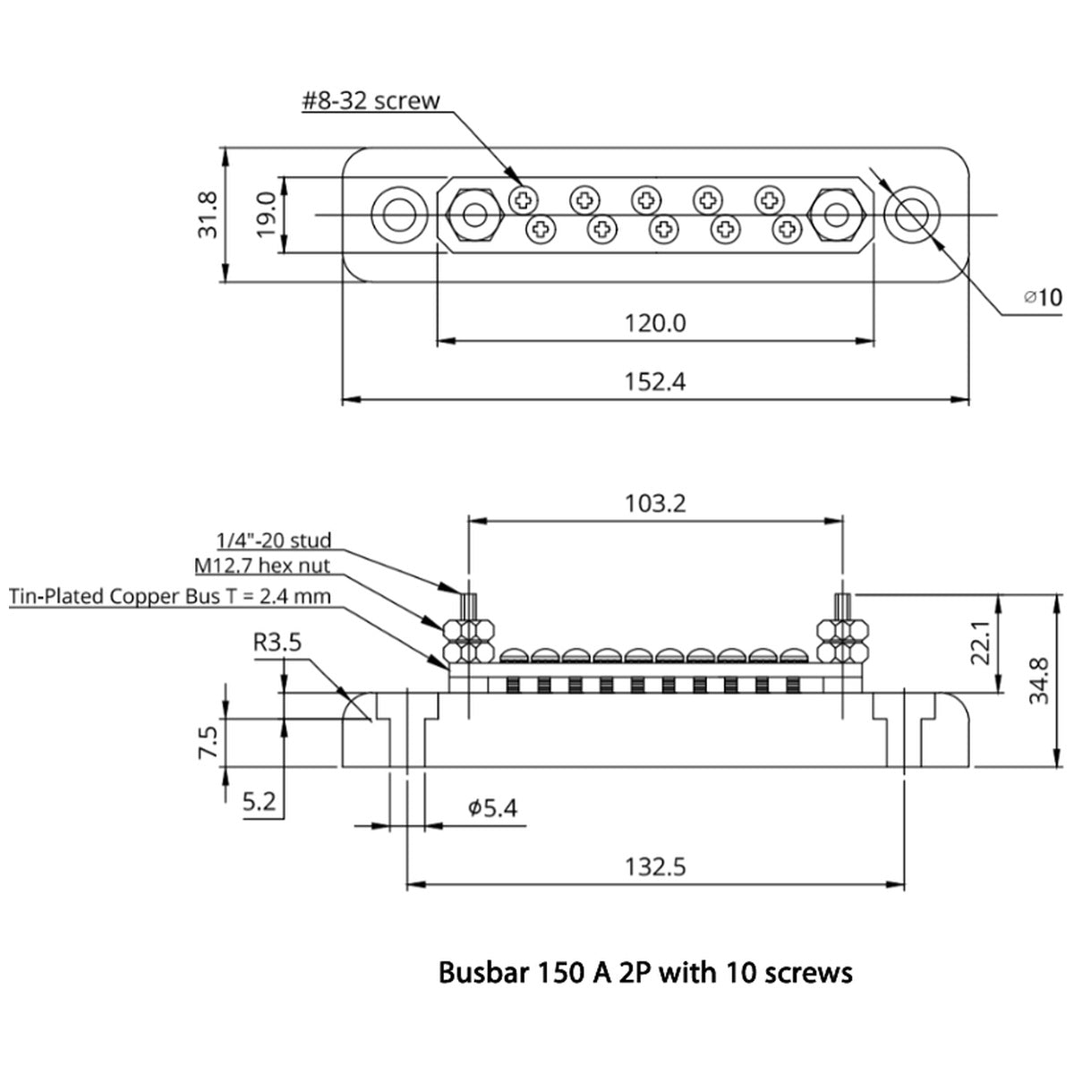 Victron Energy - 150A - Busbar 2P/Terminals with 10 Screws & Cover