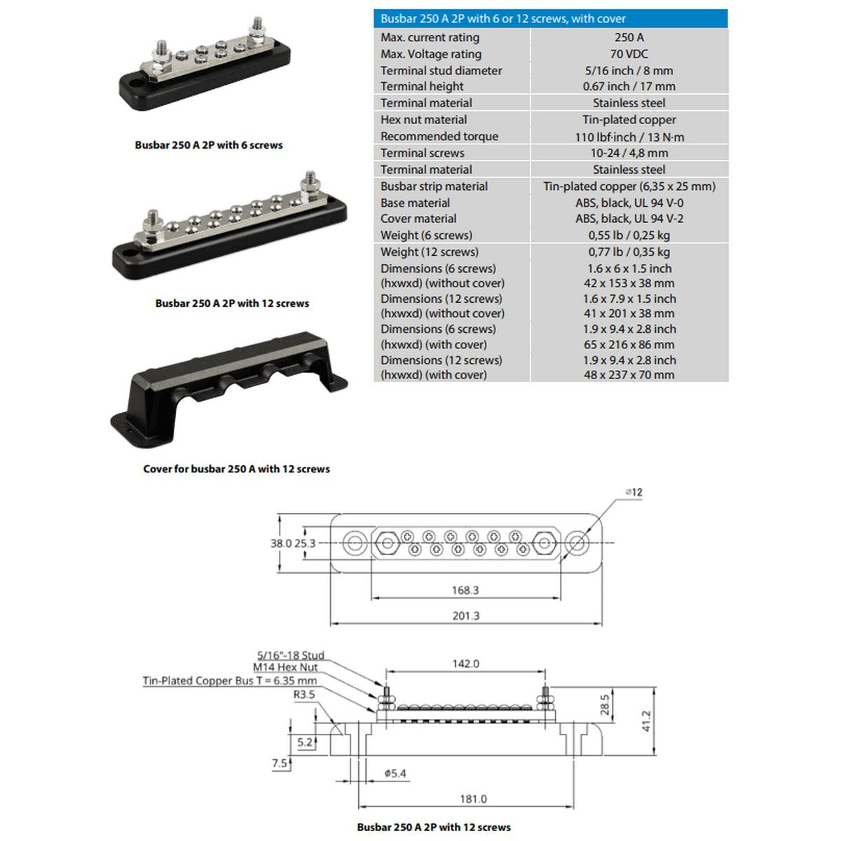 Victron Energy - 250A - Busbar 6P/Terminals & Cover