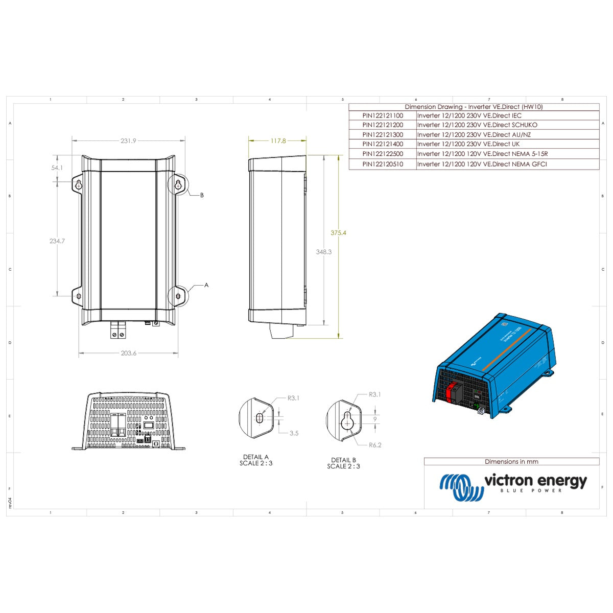Victron Energy - 12V - 1200VA - 12/1200 - Phoenix VE.Direct - Inverter