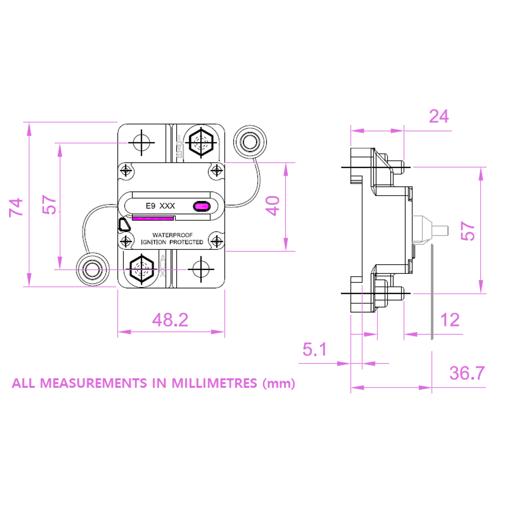 Exotronic - 40A - Surface Mount Waterproof DC Circuit Breaker (Pack of 10)