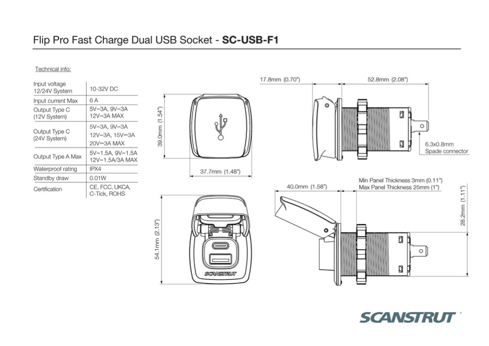 Scanstrut - 12/24V - Flip Pro - USB-A & USB-C Socket