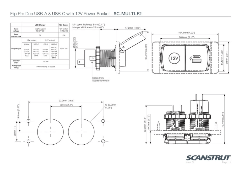 Scanstrut - 12V - Flip Pro Duo - USB-A, USB-C & 12V Accessory Socket
