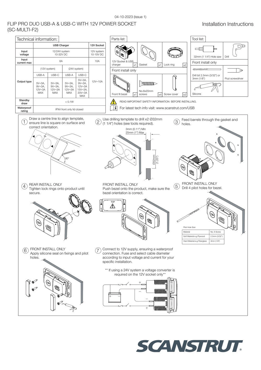 Scanstrut - 12V - Flip Pro Duo - USB-A, USB-C & 12V Accessory Socket