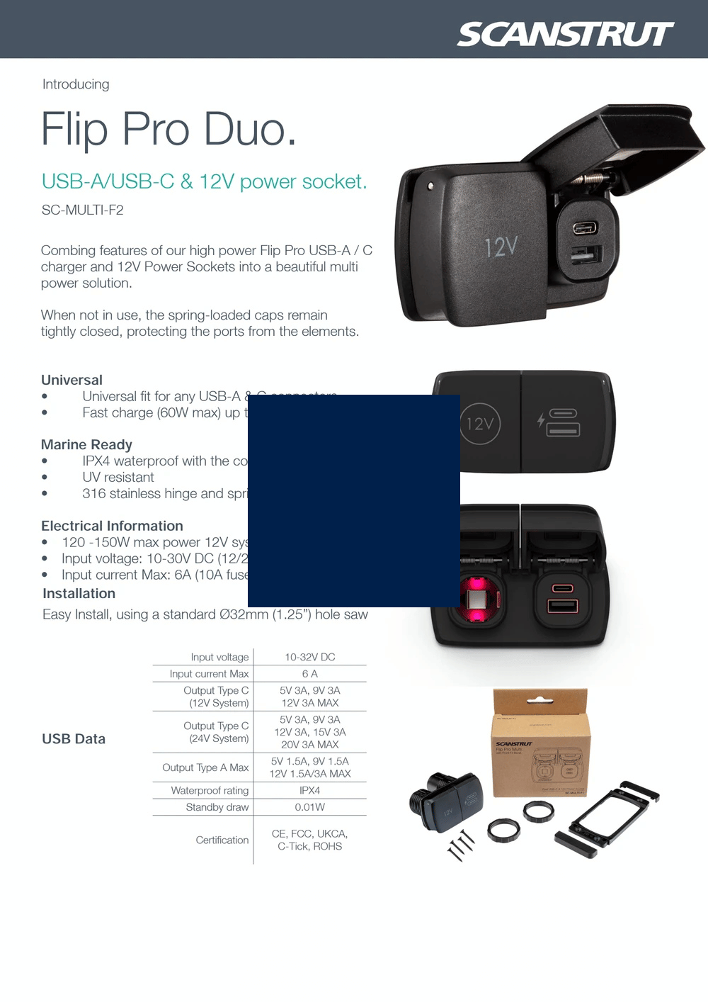 Scanstrut - 12V - Flip Pro Duo - USB-A, USB-C & 12V Accessory Socket