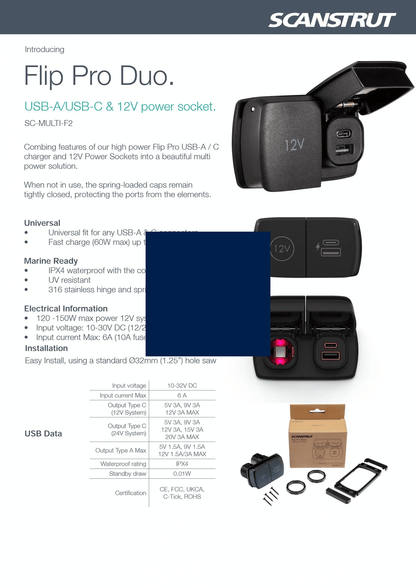 Scanstrut - 12V - Flip Pro Duo - USB-A, USB-C & 12V Accessory Socket