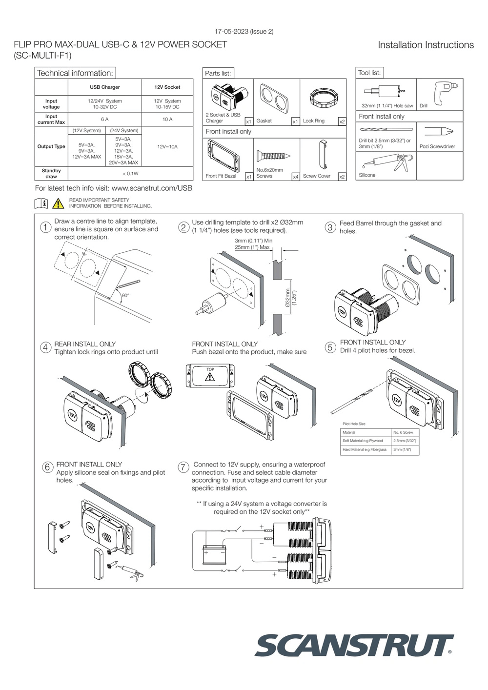 Scanstrut - 12V - Flip Pro Multi - Dual USB-C & 12V Accessory Socket