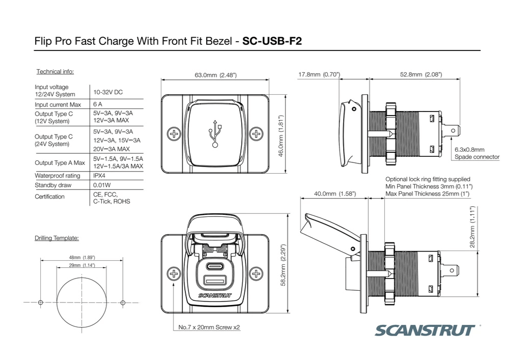 Scanstrut - 12/24V - Flip Pro - USB-A & USB-C Socket with Front-Fit Bezel