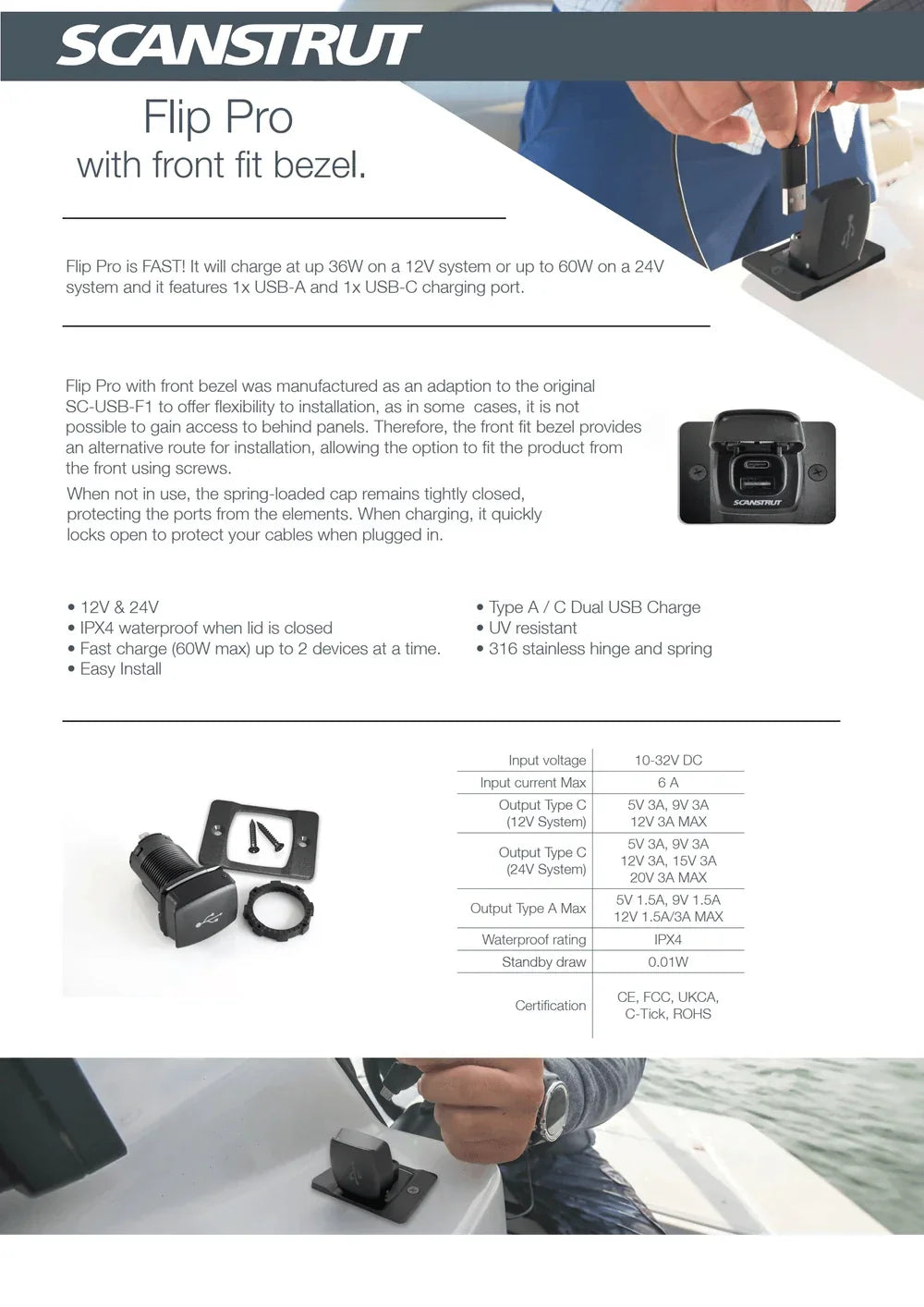 Scanstrut - 12/24V - Flip Pro - USB-A & USB-C Socket with Front-Fit Bezel