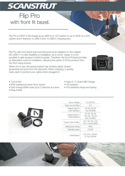 Scanstrut - 12/24V - Flip Pro - USB-A & USB-C Socket with Front-Fit Bezel
