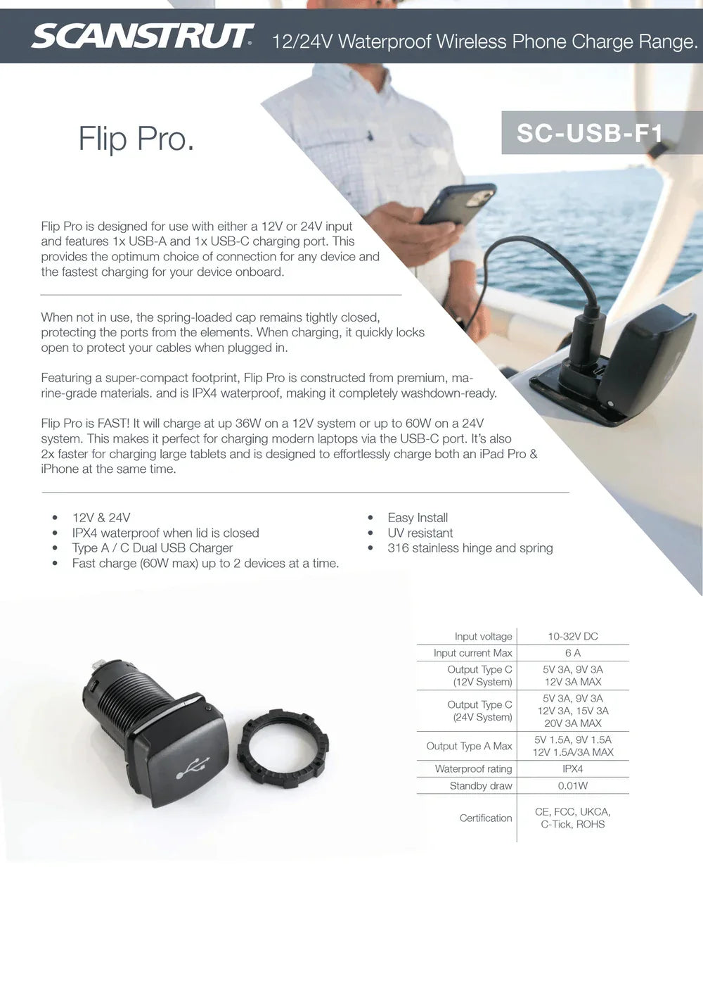 Scanstrut - 12/24V - Flip Pro - USB-A & USB-C Socket