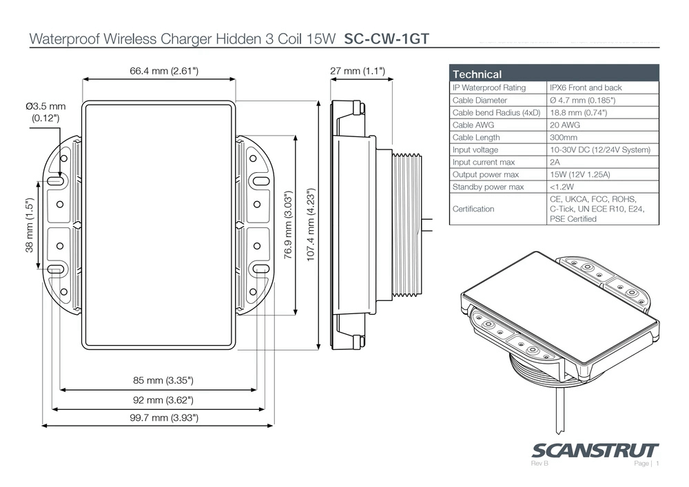 Scanstrut - 12/24V - 15W - ROKK Wireless Hidden 3-Coil Charger