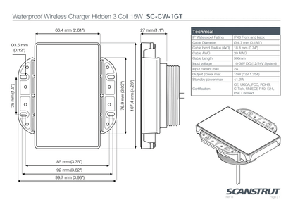 Scanstrut - 12/24V - 15W - ROKK Wireless Hidden 3-Coil Charger