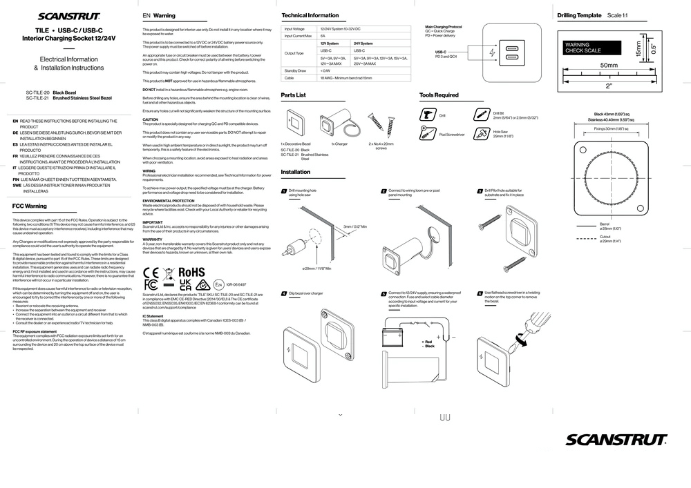 Scanstrut - 12/24V - TILE - Dual USB-C Socket - Black