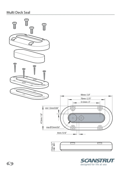 Scanstrut - DS-MULTI - Up to 15mm Vertical Multi Cable Seal - Aluminium