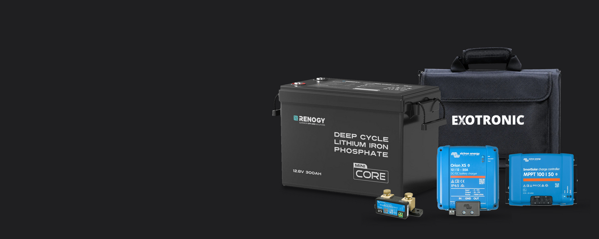 Renogy Core Mini lithium battery, Victron Orion XS charger, SmartSolar controller and SmartShunt, with an Exotronic folding solar blanket in its carry bag.