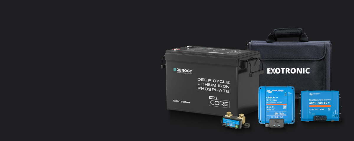 Renogy Core Mini lithium battery, Victron Orion XS charger, SmartSolar controller and SmartShunt, with an Exotronic folding solar blanket in its carry bag.
