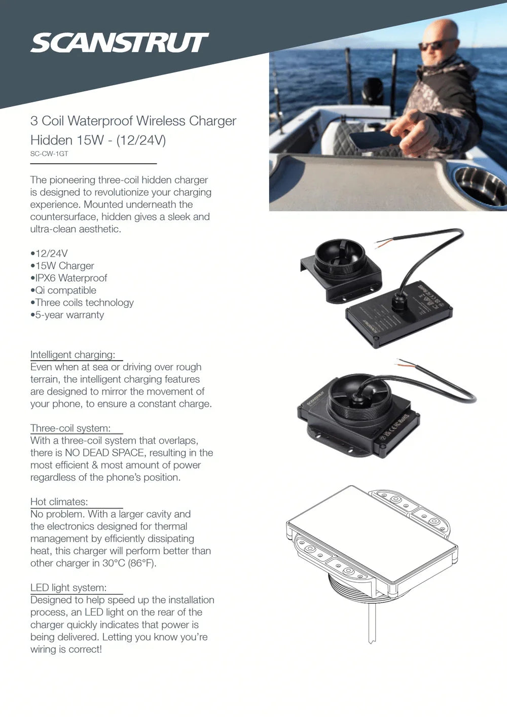 Scanstrut - 12/24V - 15W - ROKK Wireless Hidden 3-Coil Charger