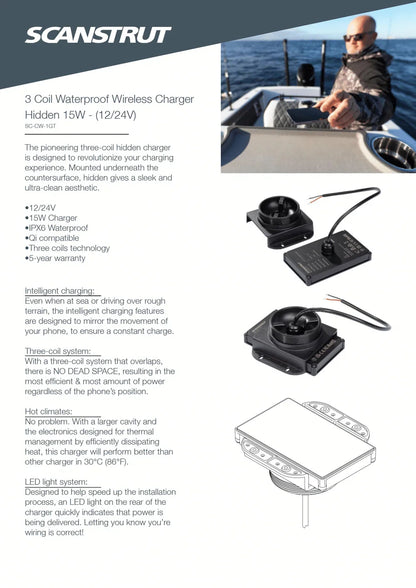 Scanstrut - 12/24V - 15W - ROKK Wireless Hidden 3-Coil Charger