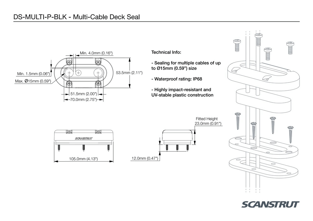 Scanstrut - DS-MULTI-P - Up to 15mm Vertical Multi Cable Seal - Black