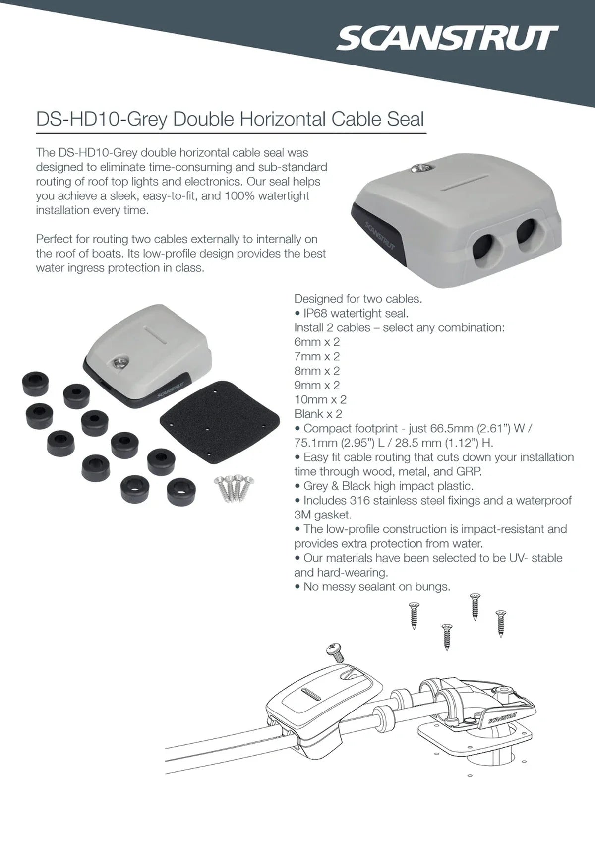 Scanstrut - DS-HD10 - 6-10mm Horizontal Double Cable Seal - Grey