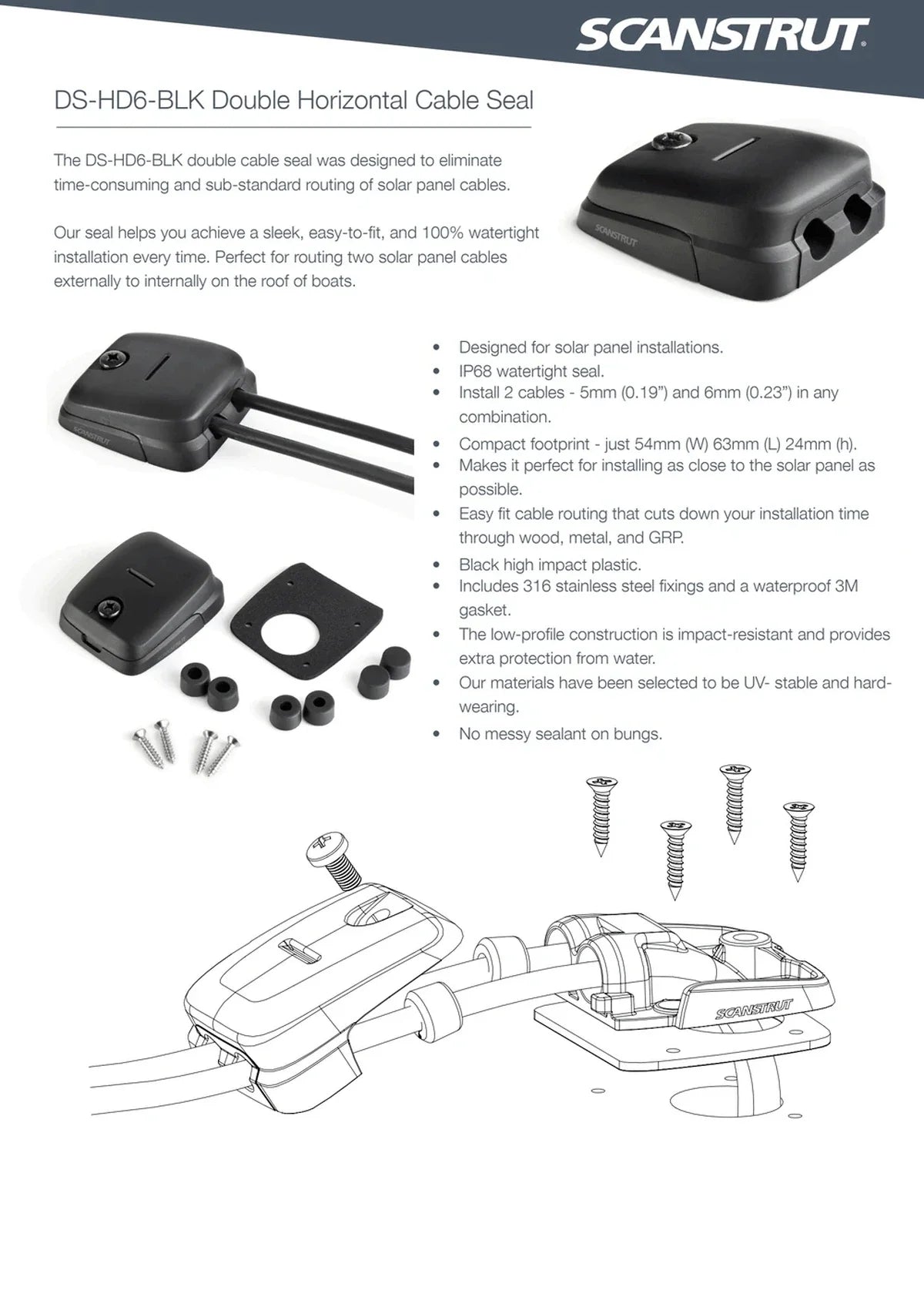 Scanstrut - DS-HD6 - 5-6mm Horizontal Double Cable Seal - Black