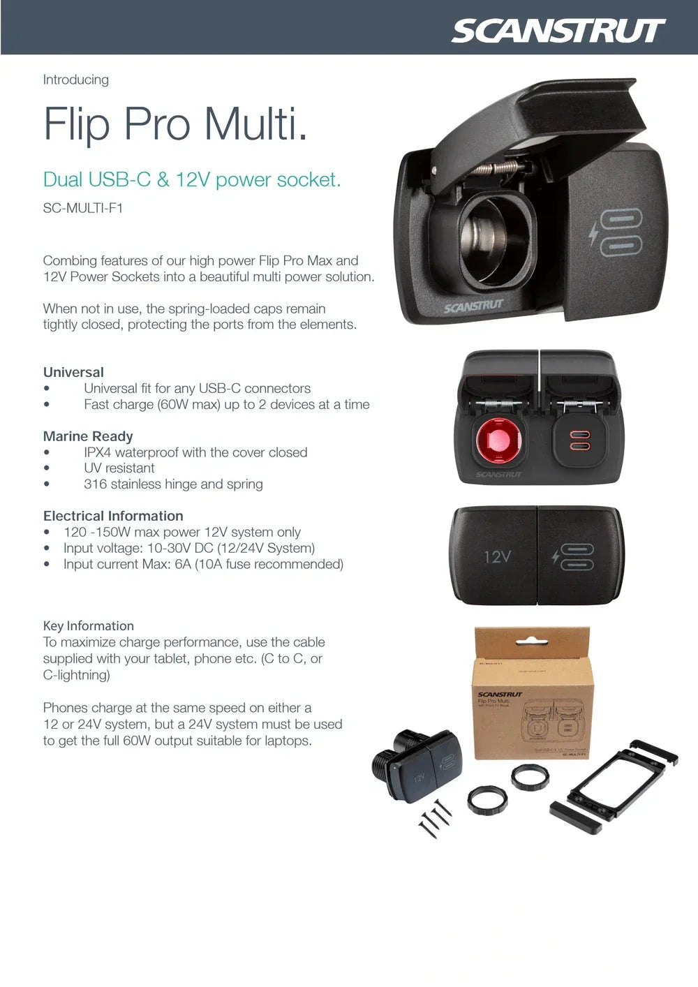 Scanstrut - 12V - Flip Pro Multi - Dual USB-C & 12V Accessory Socket