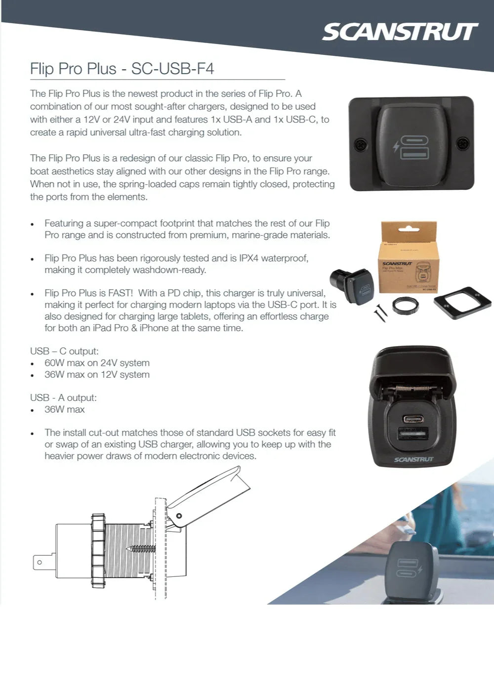 Scanstrut - 12/24V - Flip Pro Plus - USB-A & USB-C Socket