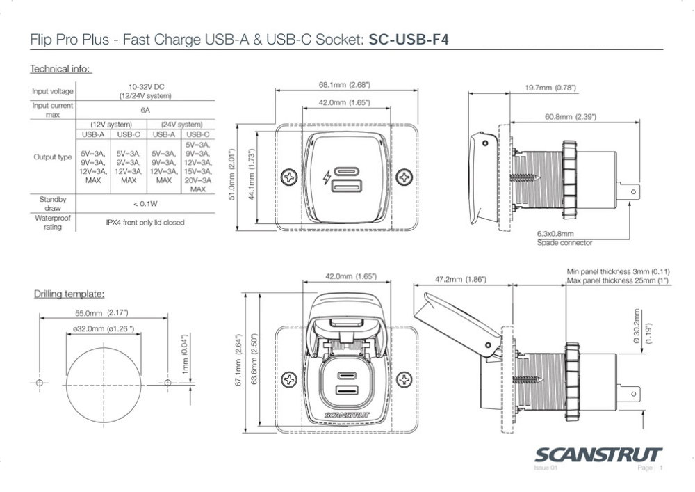 Scanstrut - 12/24V - Flip Pro Plus - USB-A & USB-C Socket