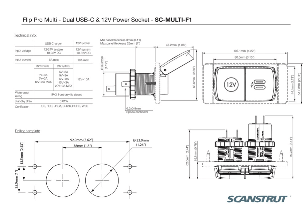 Scanstrut - 12V - Flip Pro Multi - Dual USB-C & 12V Accessory Socket