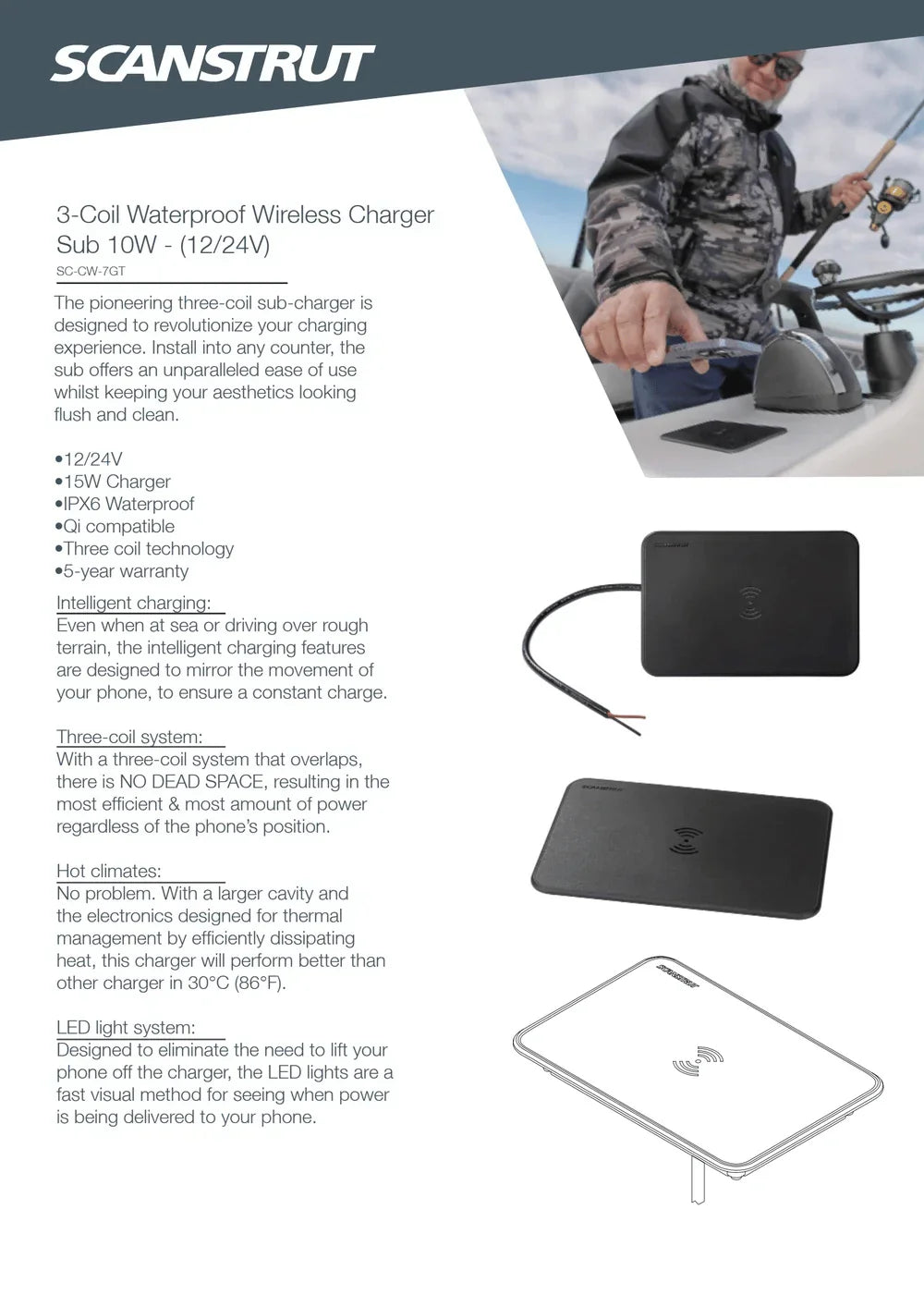 Scanstrut - 12/24V - 15W - ROKK Wireless Sub 3-Coil Charger