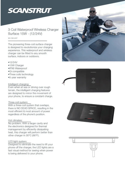 Scanstrut - 12/24V - 15W - ROKK Wireless Surface 3-Coil Charger