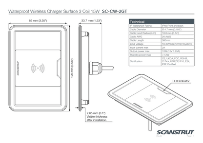 Scanstrut - 12/24V - 15W - ROKK Wireless Surface 3-Coil Charger